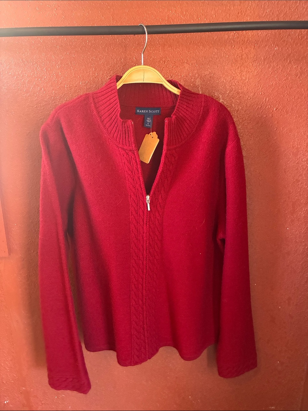 100% Wool Karen Scott Red Half-Zip Cable Knit Sweater
